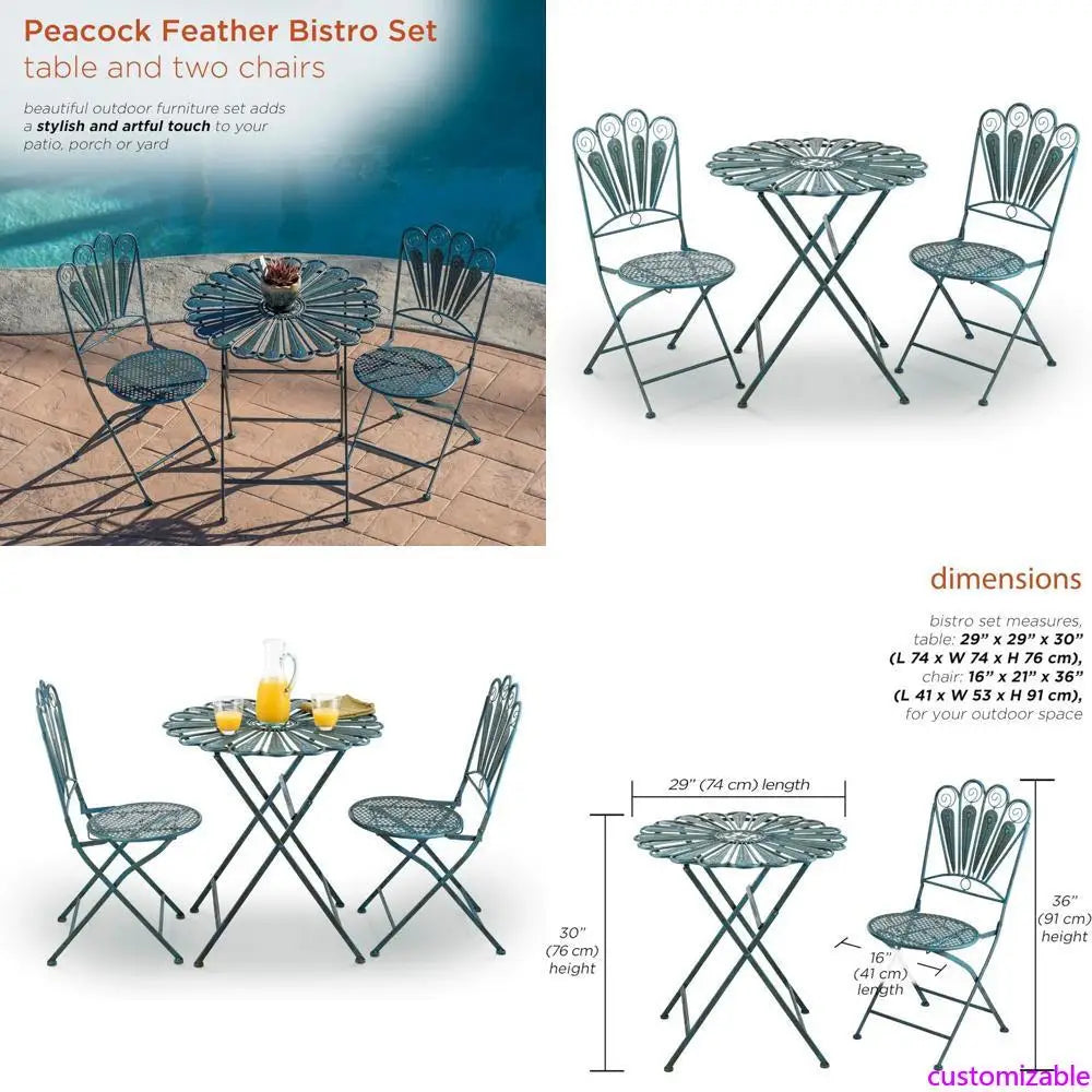 XMSJ 3Piece Peacock Feather Design WeatherResistant Metal IndoorOutdoor Bistro Set