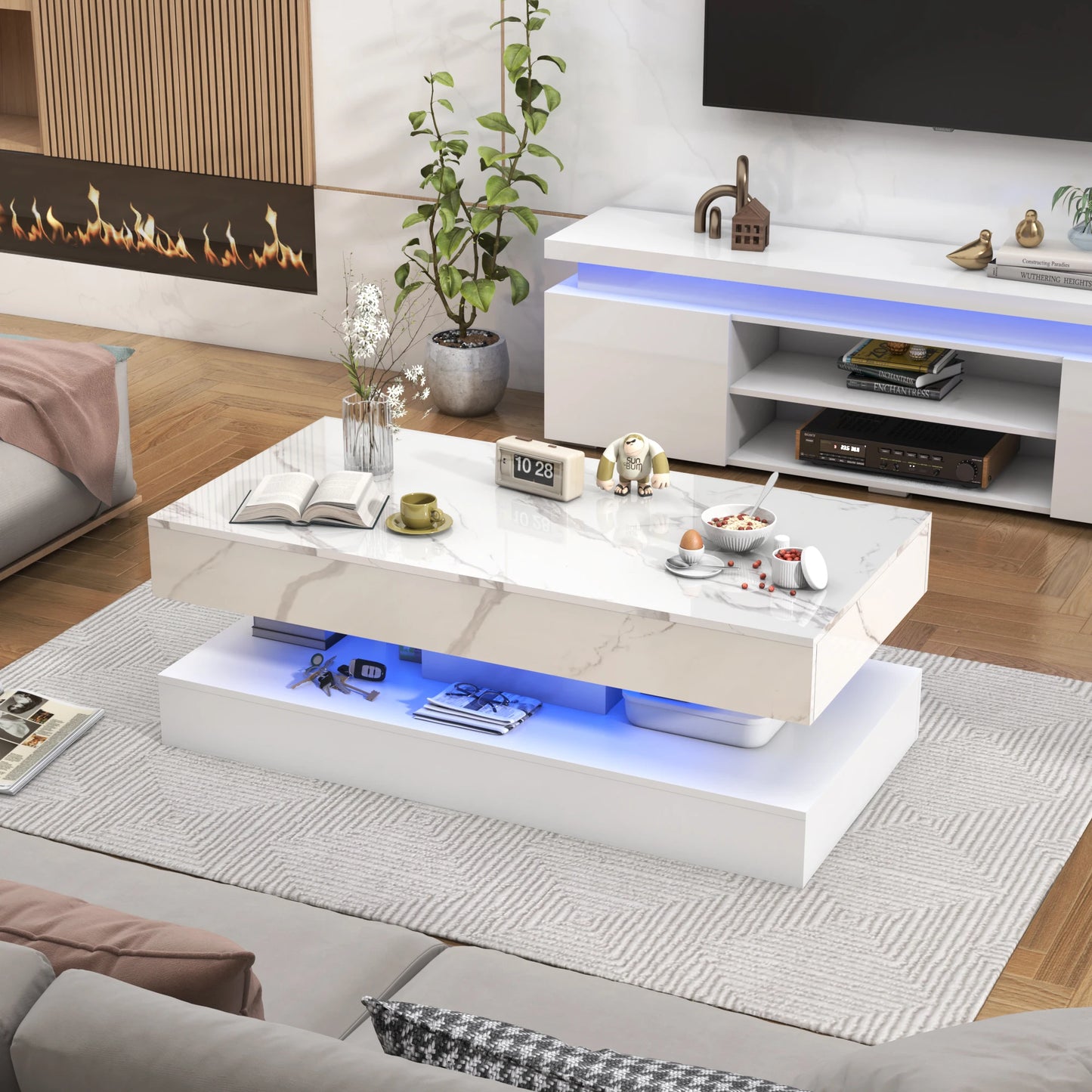 QiaoShiRen PremiumElite Multifunctional LED Coffee Table With Double Layer Drawers