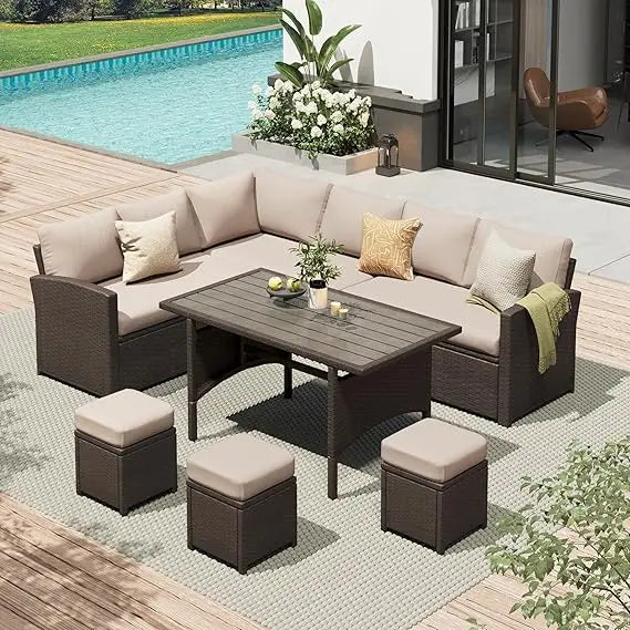 TANGXU Contemporary Outdoor Patio Furniture Set Weatherproof Wicker Conversation Ottoman