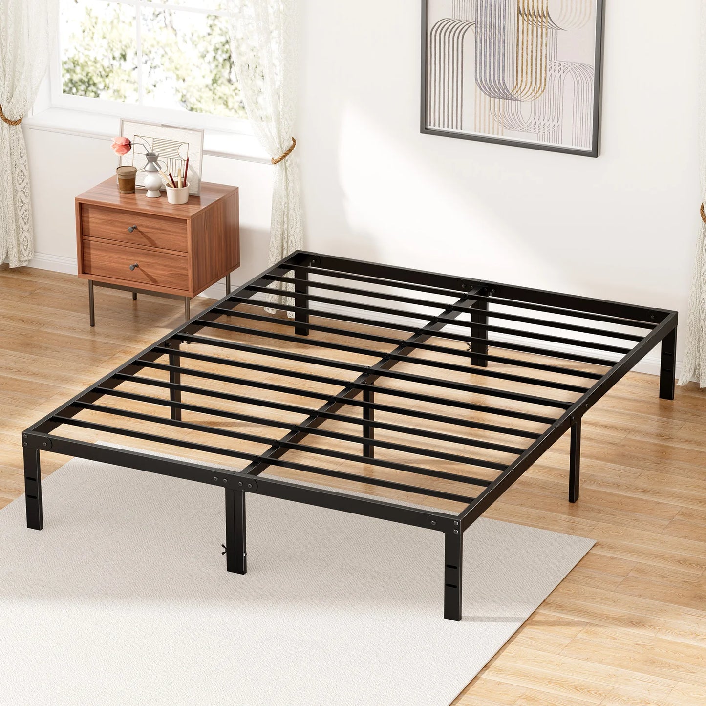 JHK Basic Metal Platform Bed Frame With Storage Slat Support