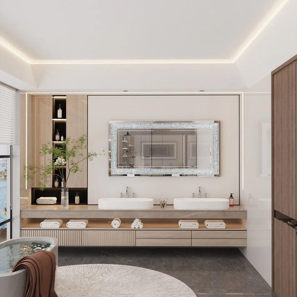 LUVODI Frameless Crystal Rhinestone Diamond Wall Mounted Vanity Mirror