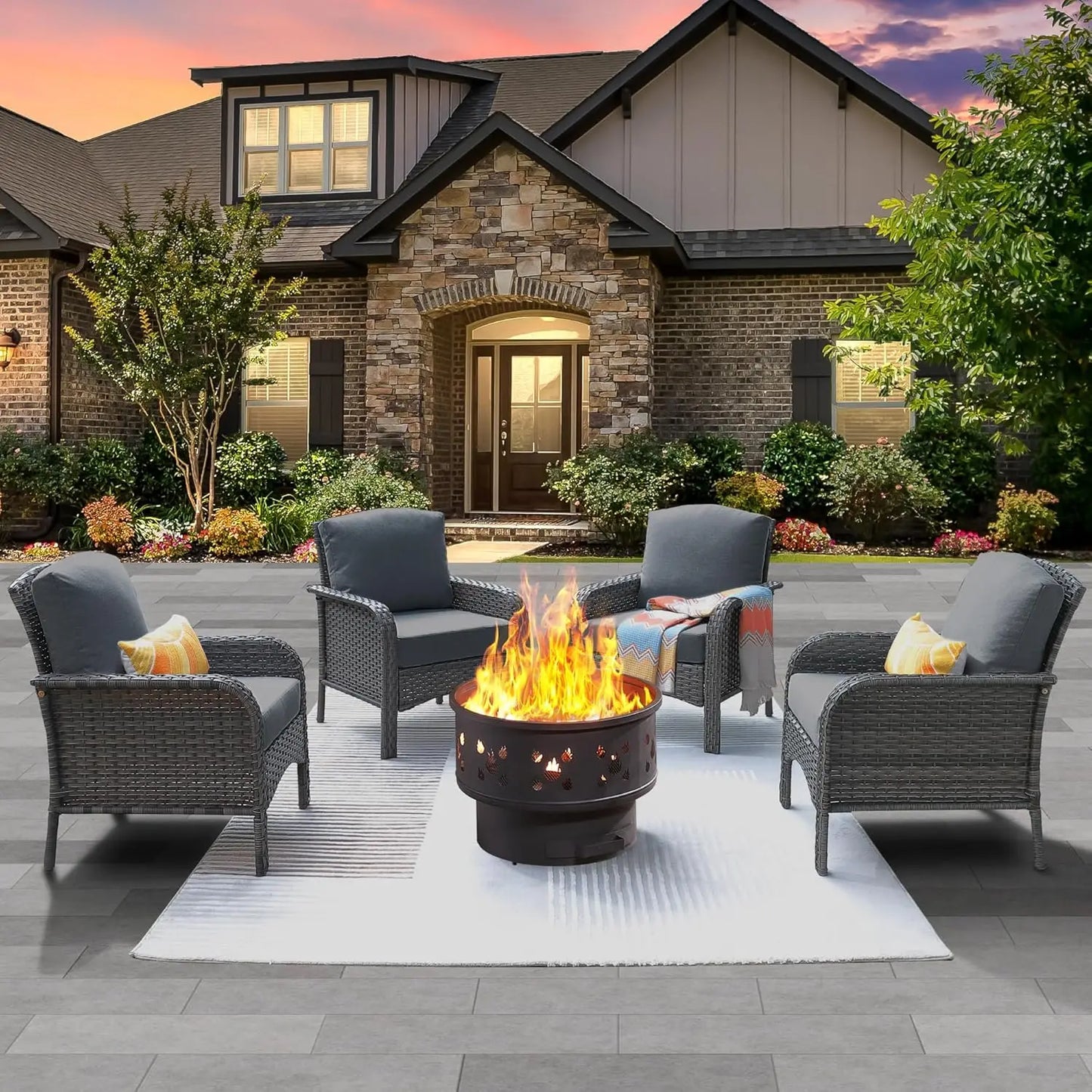 Folded Outdoor Fire Pit Patio Set With Weatherproof Rattan ErgonomicChairsWithPaddedCushions