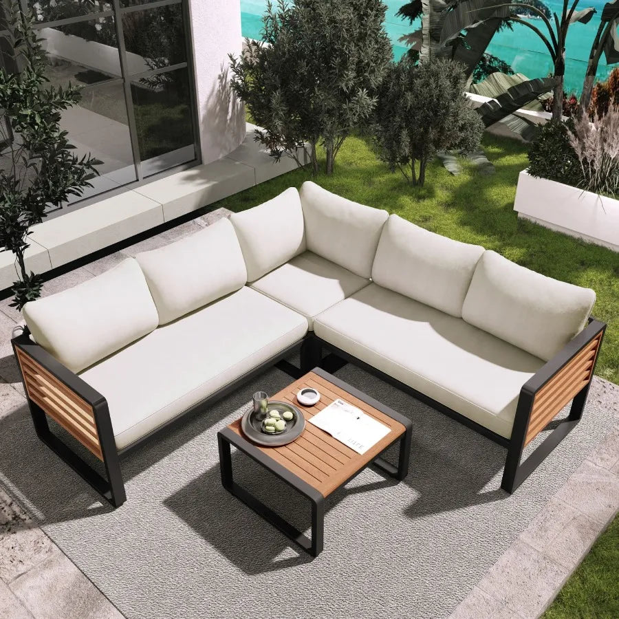 Hign-concerned 4 Piece Outdoor Patio Conversation Set With Metal And Wood Frame L Shaped Sofa And Coffee Table