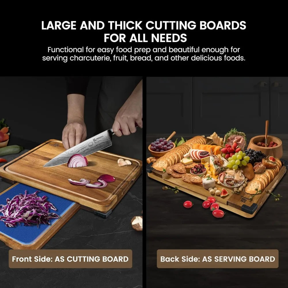 Acacia Wood Cutting Boards Set Of 7 With Holder Non Slip Feet Charcuterie Boards