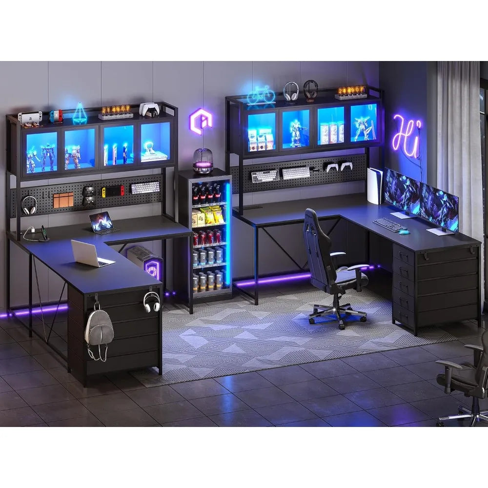 L Shaped Gaming Desk With Drawers Hutch Storage Shelves LedIlluminationSystemPro