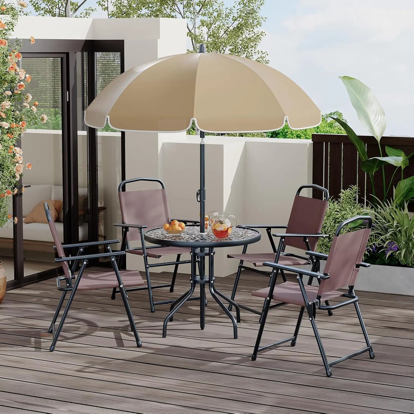 HobbyLane 6 Piece Patio Dining Set For 4 With Umbrella And Round Glass Table