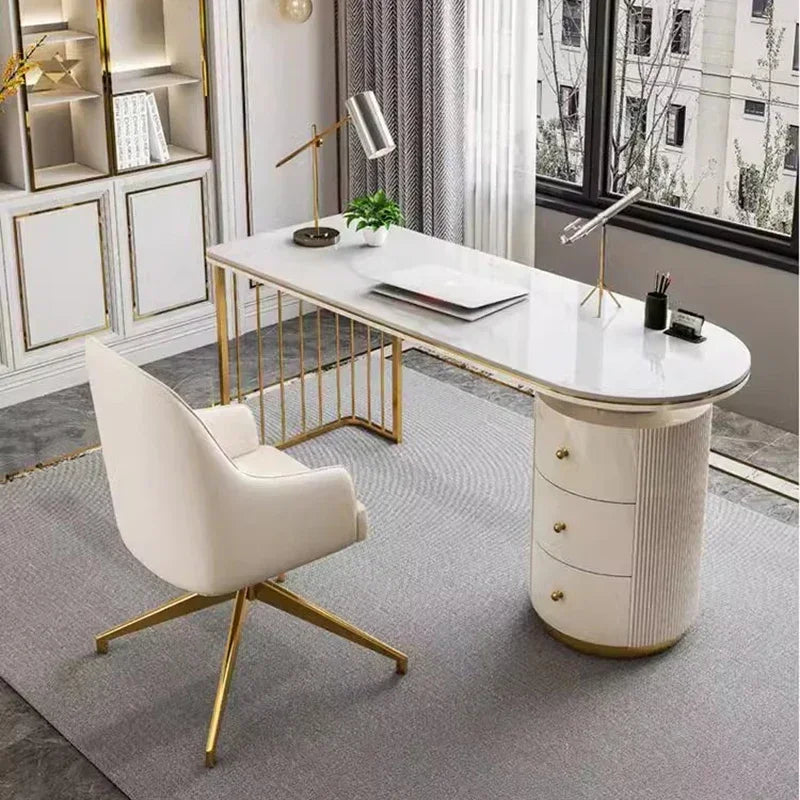 Executive Ergonomic Laminated Solidwood Computer Desk Featuring Gilded Metal Legs
