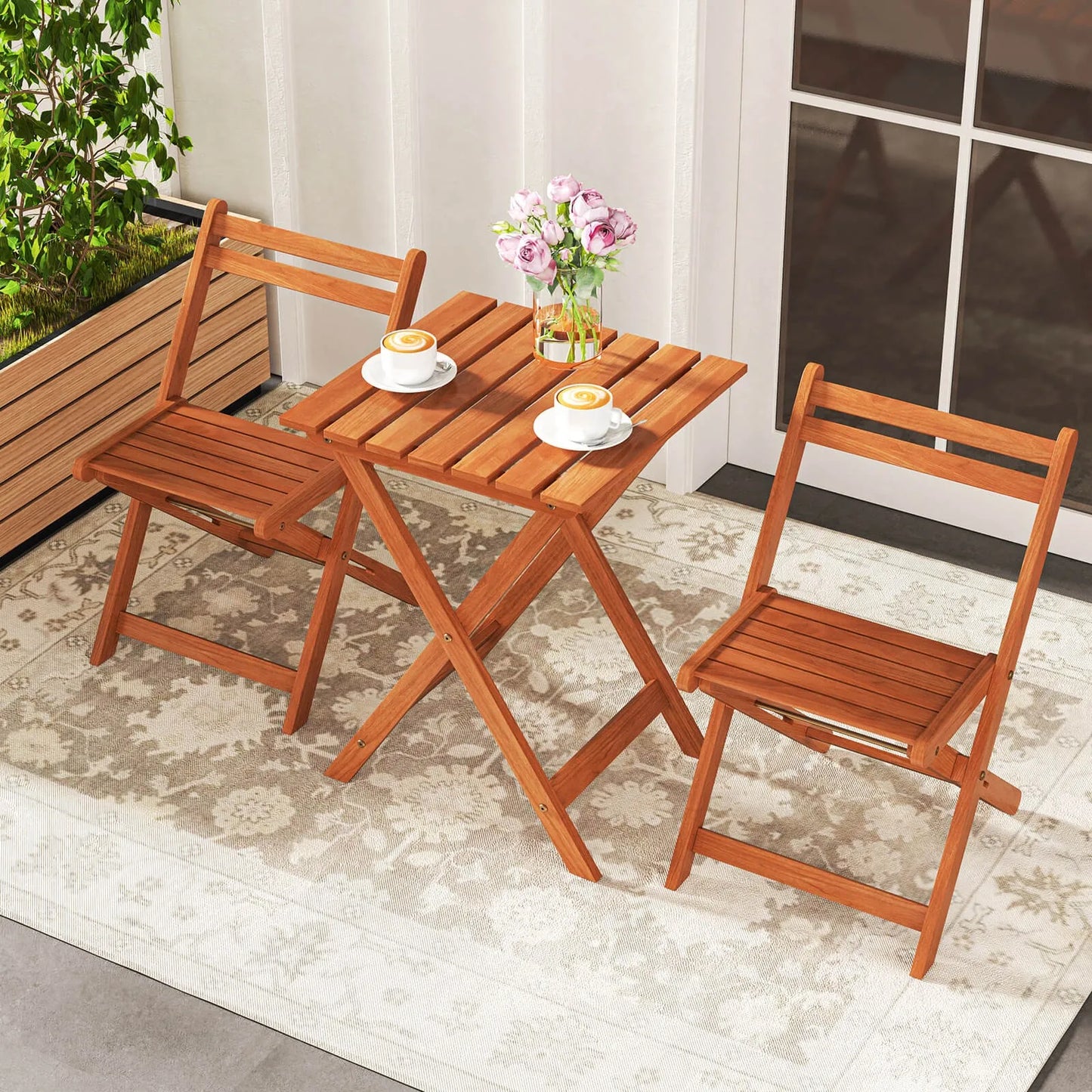 Outdoor Wood Bistro Set With Folding Chairs And Table