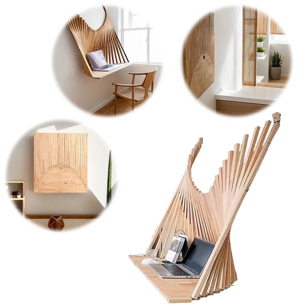 Folded Minimalist Wall Mounted Computer Desk Solid Wood Foldable Space Saving Office Table