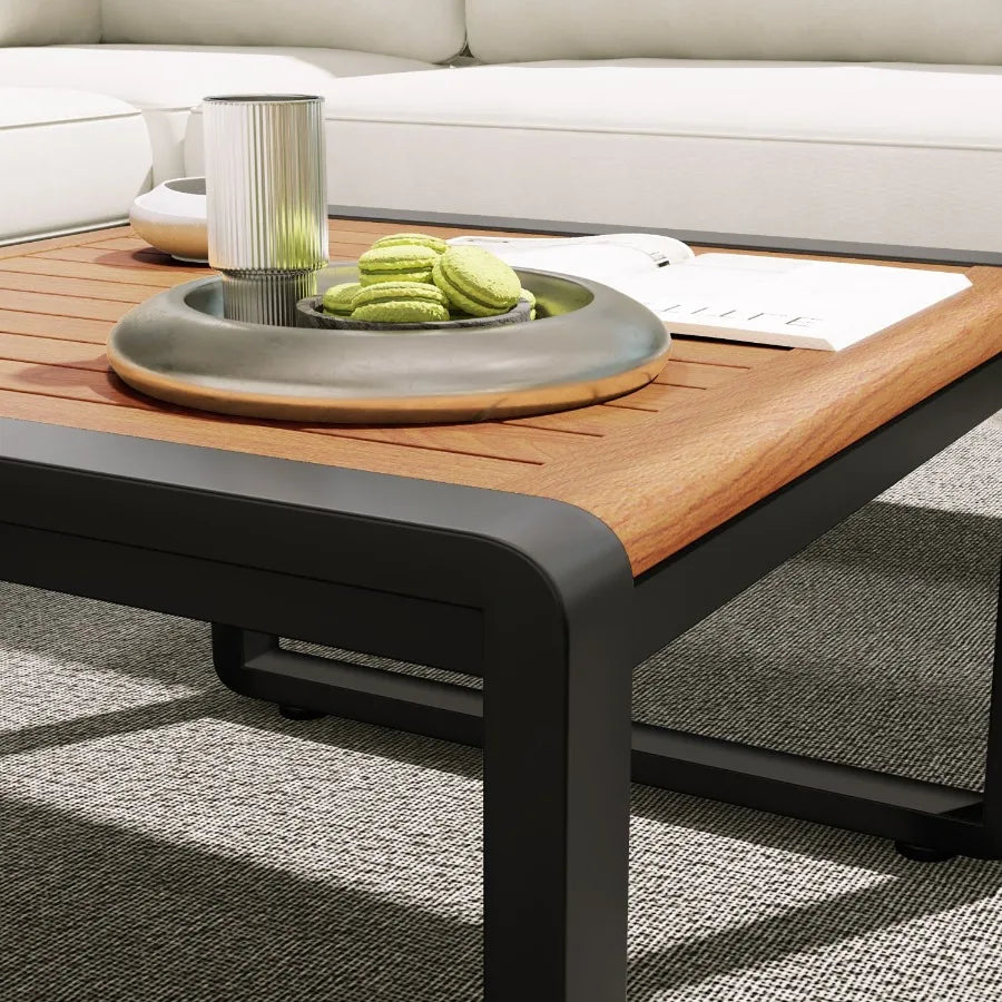 Hign-concerned 4 Piece Outdoor Patio Conversation Set With Metal And Wood Frame L Shaped Sofa And Coffee Table