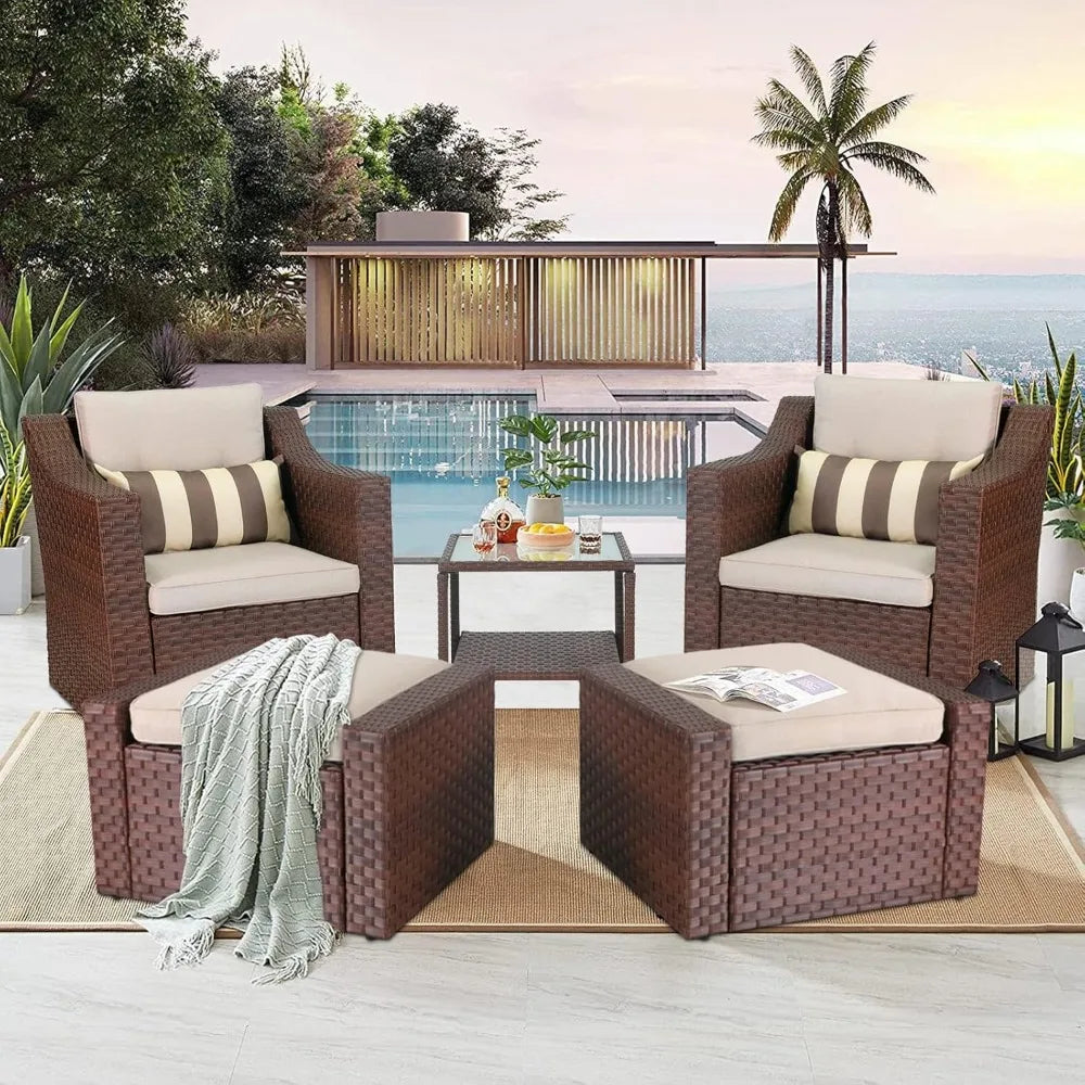 5 Piece Patio Conversation Set Outdoor Wicker With Ottoman Footrest