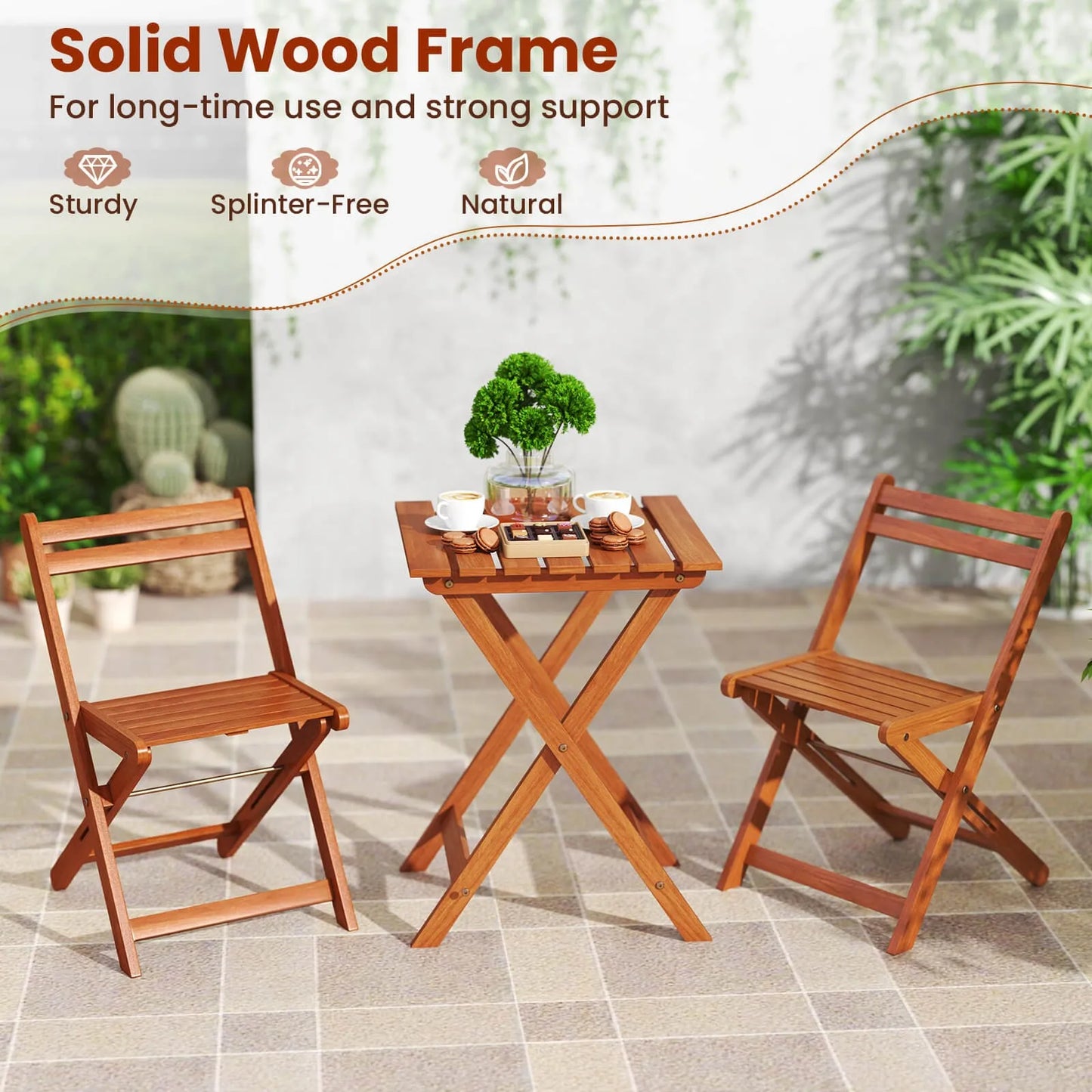 Outdoor Wood Bistro Set With Folding Chairs And Table