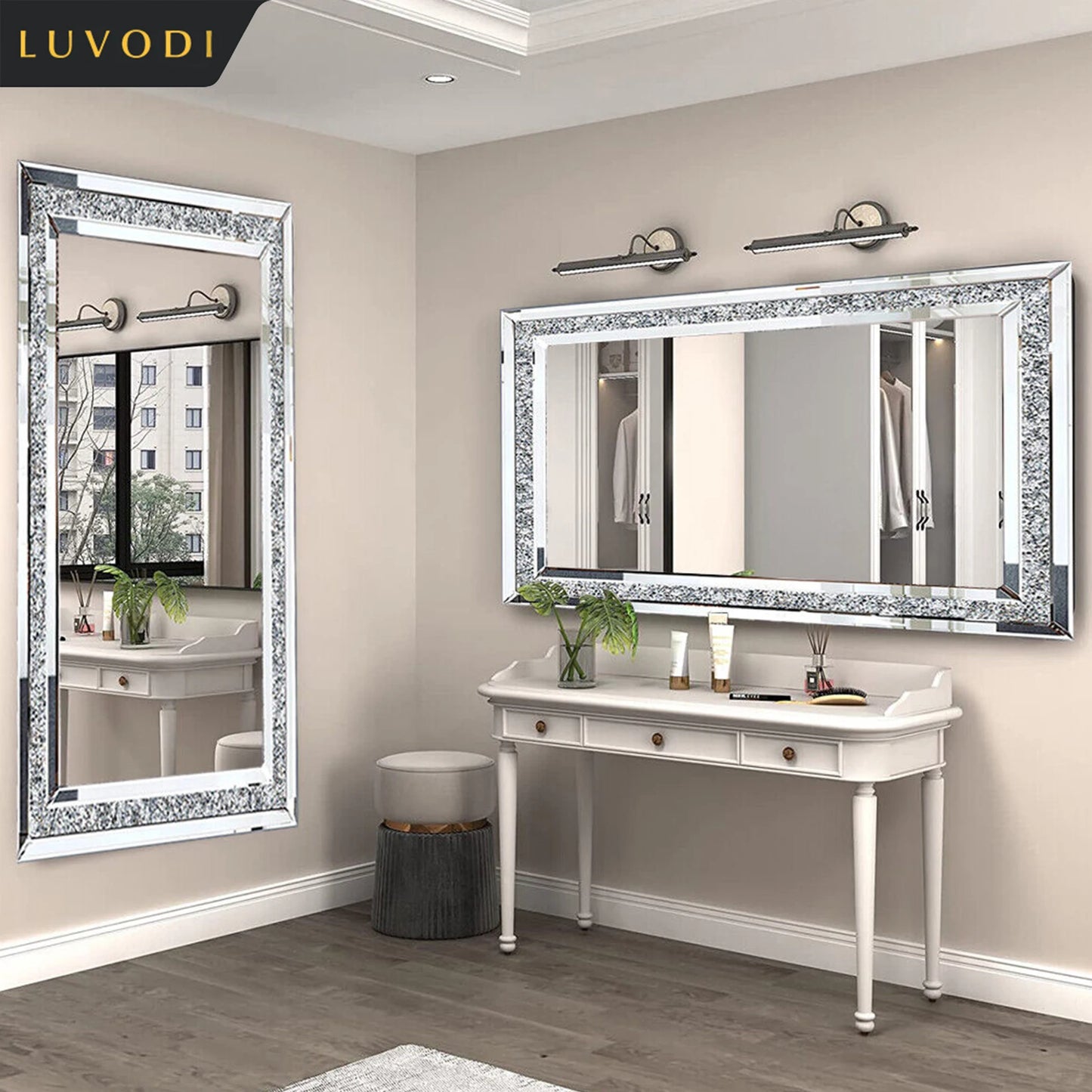 LUVODI Frameless Crystal Rhinestone Diamond Wall Mounted Vanity Mirror