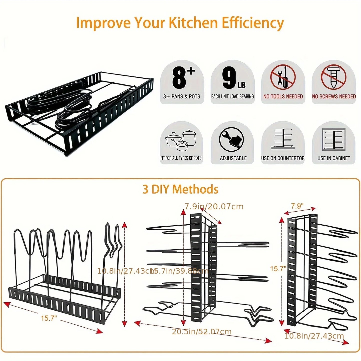 Hign-Concerned 2 Pack Pot Rack Organizers With Adjustable Lid Holders For Kitchen Storage