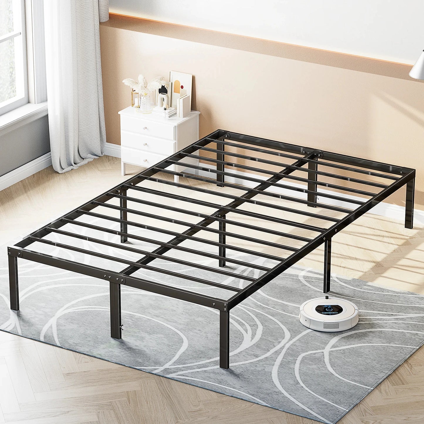 JHK Basic Metal Platform Bed Frame With Storage Slat Support