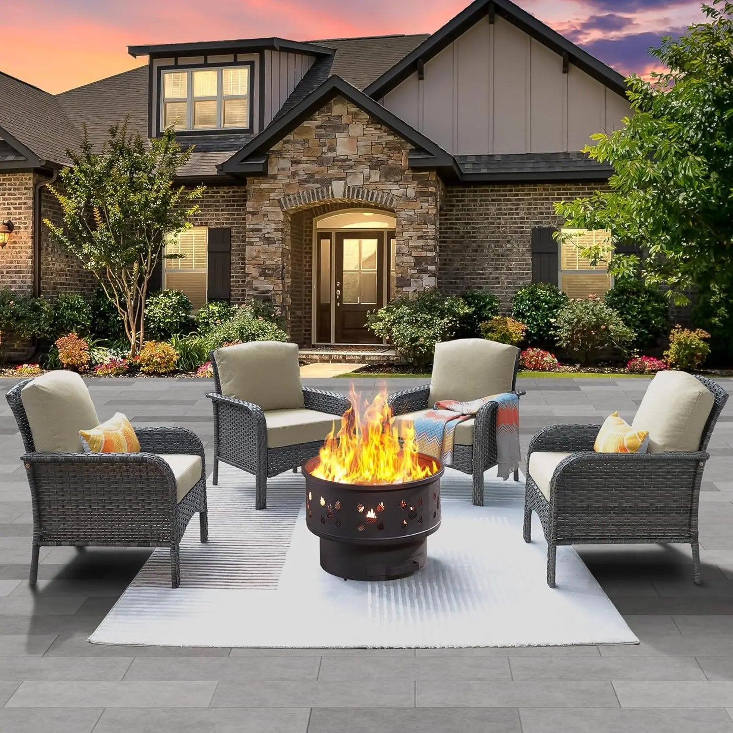 Folded Outdoor Fire Pit Patio Set With Weatherproof Rattan ErgonomicChairsWithPaddedCushions