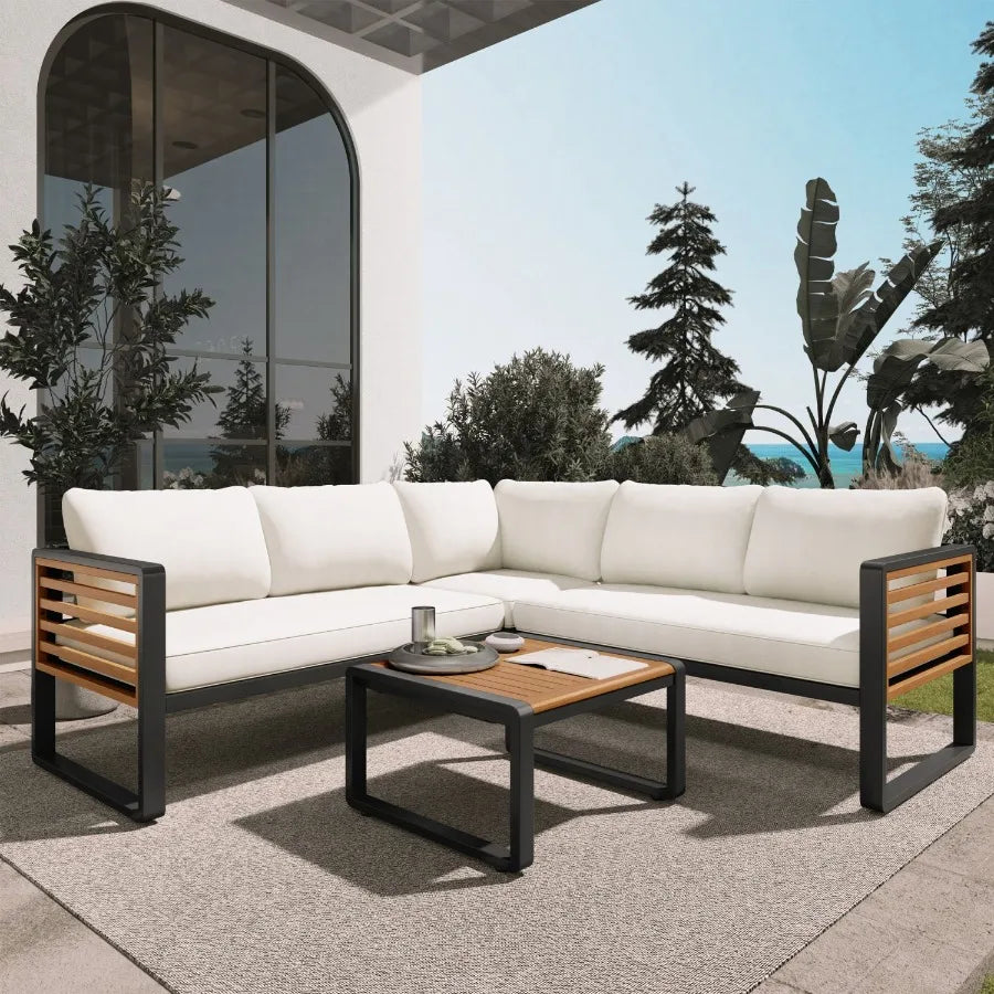 Hign-concerned 4 Piece Outdoor Patio Conversation Set With Metal And Wood Frame L Shaped Sofa And Coffee Table