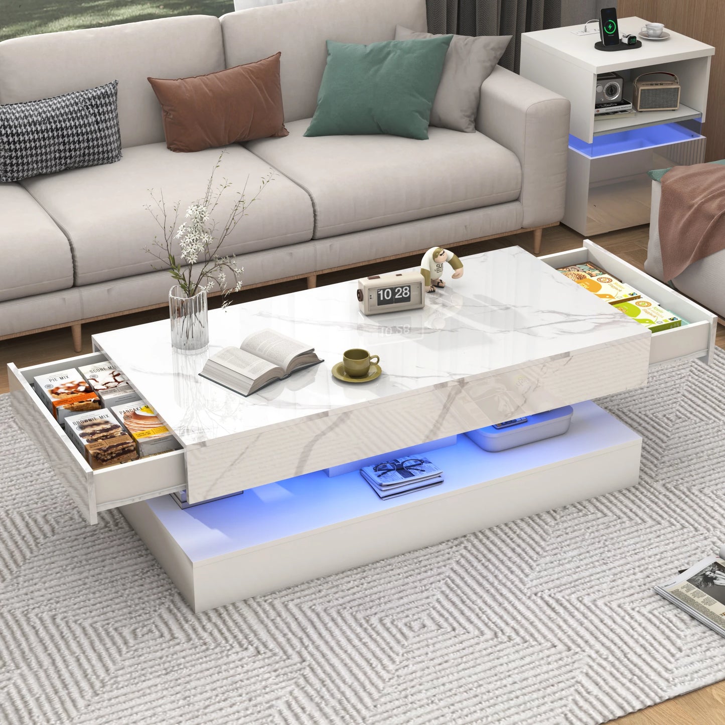 QiaoShiRen PremiumElite Multifunctional LED Coffee Table With Double Layer Drawers