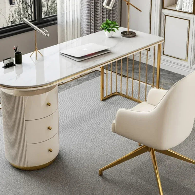 Executive Ergonomic Laminated Solidwood Computer Desk Featuring Gilded Metal Legs