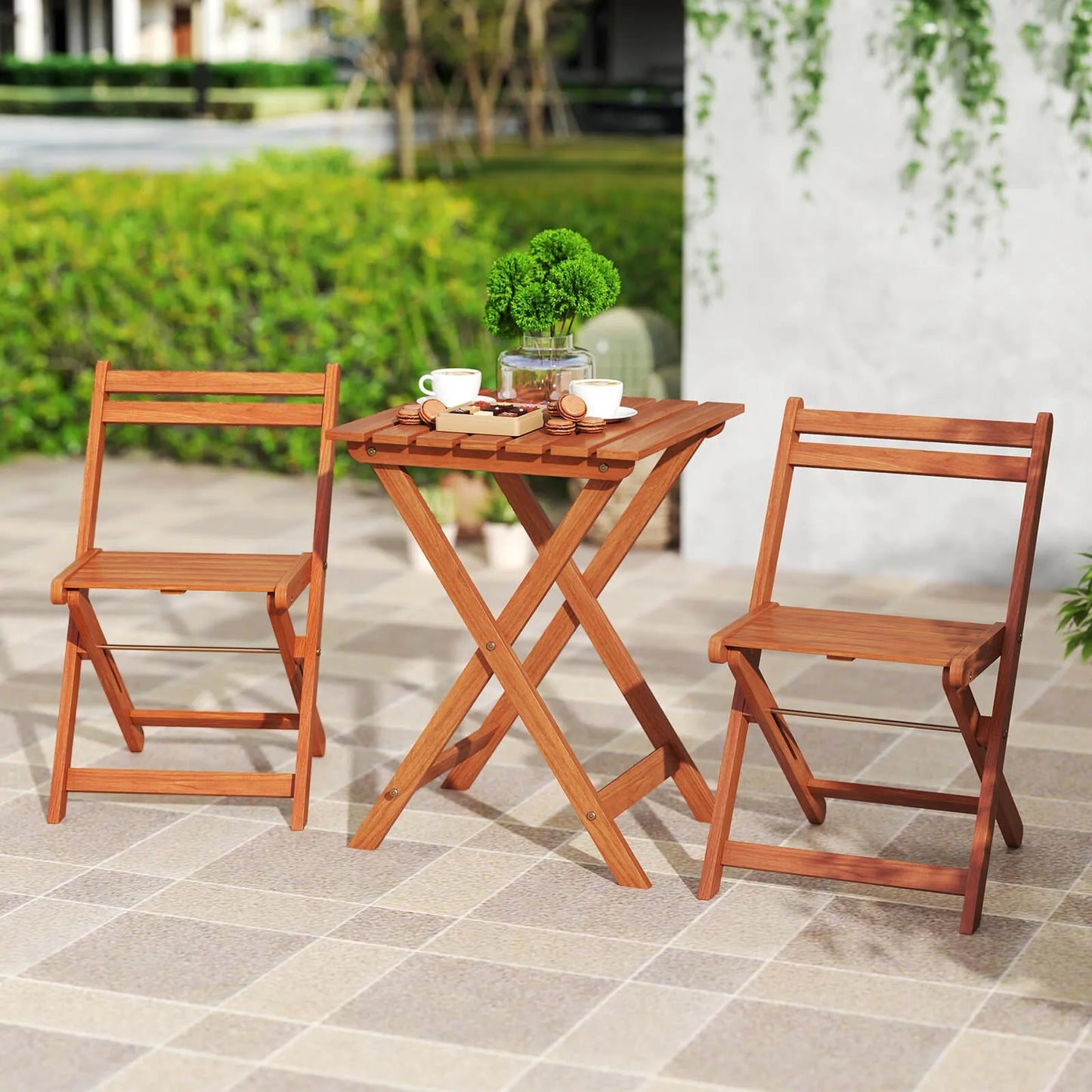 Outdoor Wood Bistro Set With Folding Chairs And Table