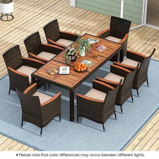 HOMASIS 9Piece WeatherresistantWickerOutdoor DiningSet With AcaciaWood TableUmbrella Cushions Patio