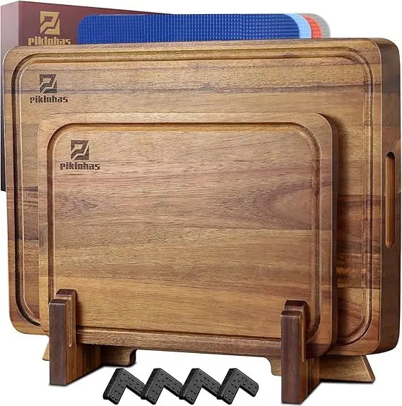 Acacia Wood Cutting Boards Set Of 7 With Holder Non Slip Feet Charcuterie Boards