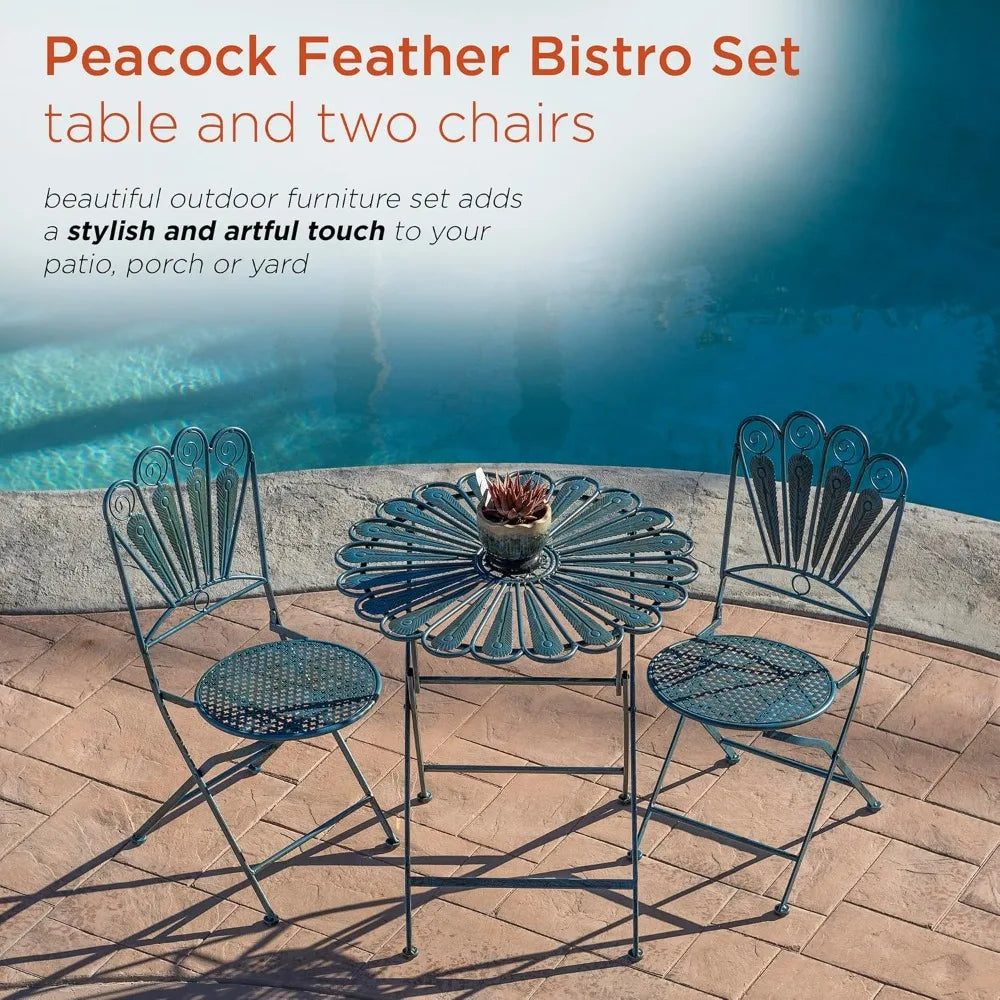 XMSJ 3Piece Peacock Feather Design WeatherResistant Metal IndoorOutdoor Bistro Set