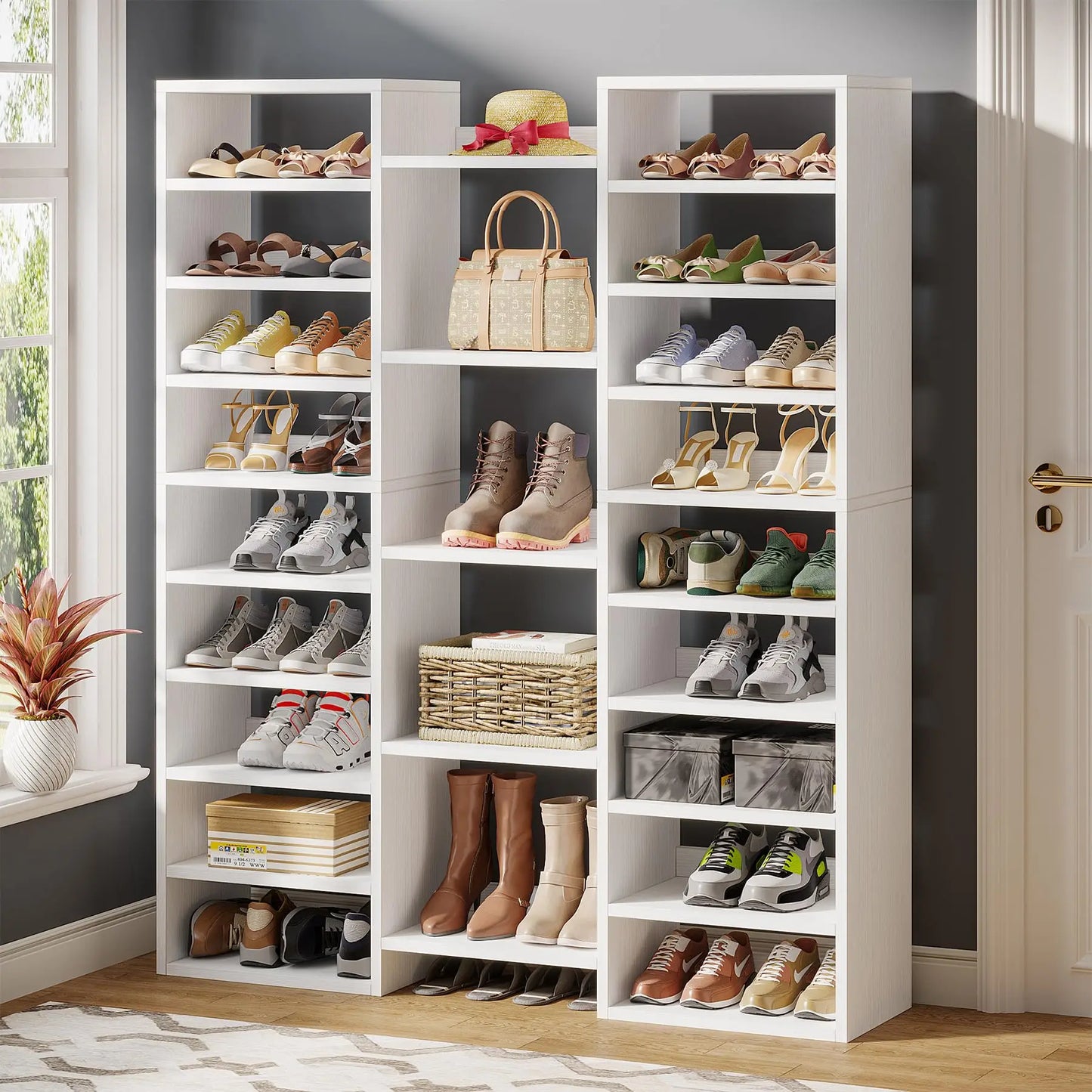 Tribesigns 14-Tier Freestanding Shoe Rack With White Painted Storage Cabinet
