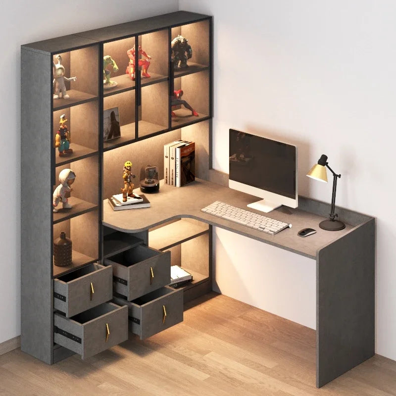 L-Shaped Corner Computer Desk With Integrated Bookshelf And Contemporary Workspace