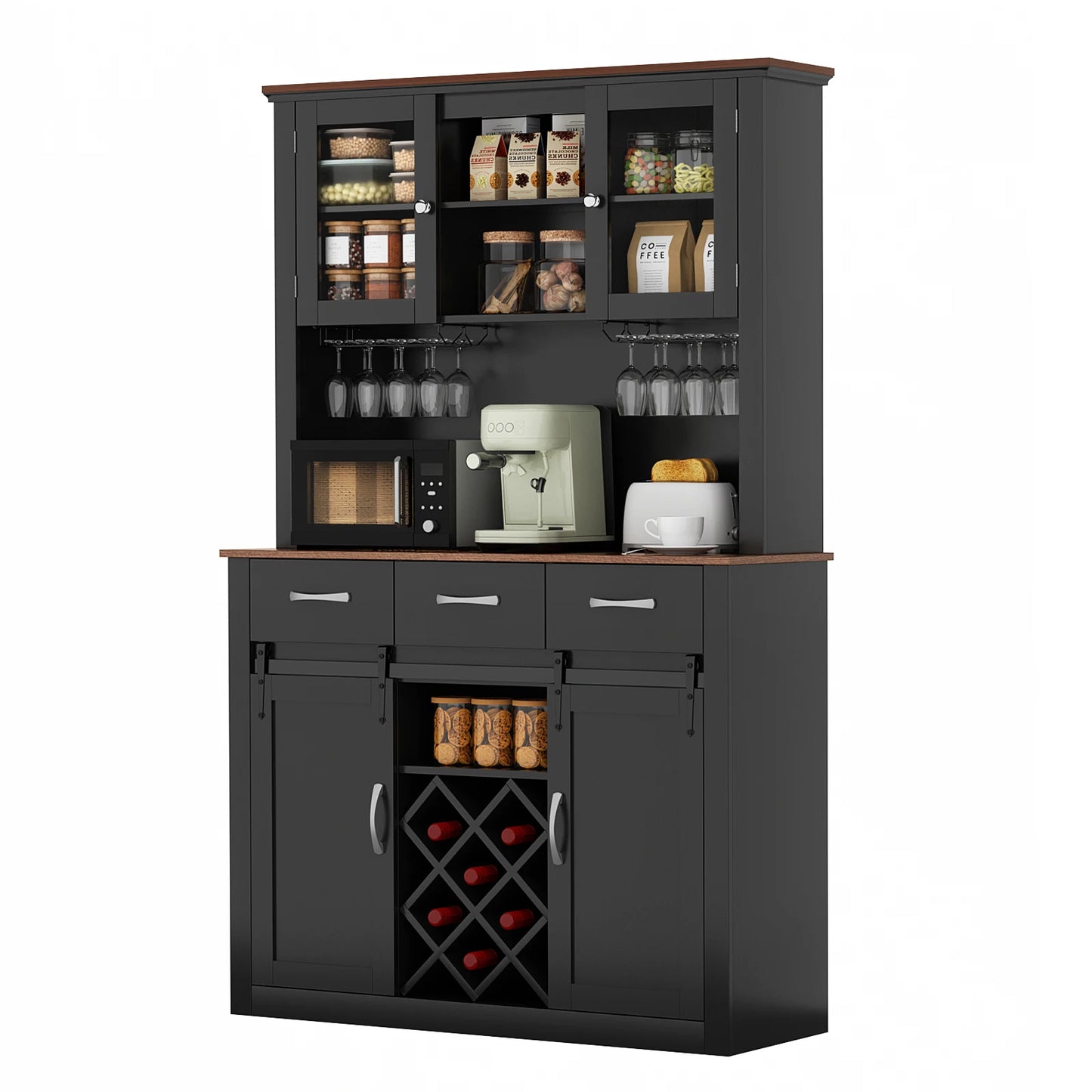 VOWNER PremiumPlus Farmhouse Bar Cabinet With Sliding Barn Doors WineAndGlassRacks
