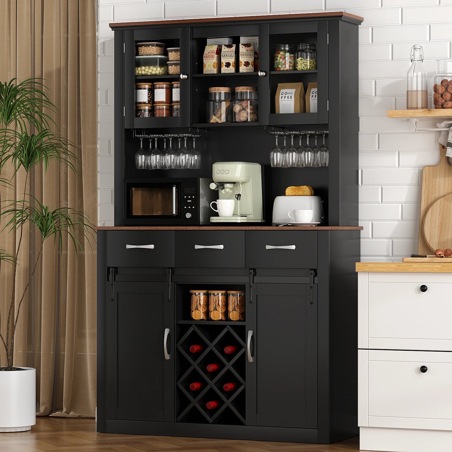 VOWNER PremiumPlus Farmhouse Bar Cabinet With Sliding Barn Doors WineAndGlassRacks